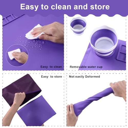 DIYDEC Silicone Art Mat 20x16 Inch - Large Silicone Painting Mat with Detachable Cup, 10 Painting Brushes, 5 Sponge Brushes - Kids & Adult DIY Accessories (Purple) - color: Purple