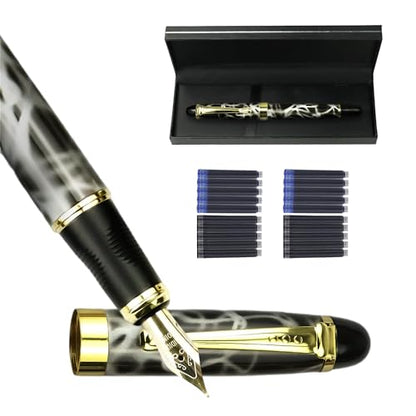 YUNCHUN Marble Fountain Pen for Writing, Refillable Luxury Metal Pens with Ink Pen with 10 Black and 10 Blue Ink Refills, Business Writing Fountain Pen for Men and Women, Marble Black & White - color: Marble Black & White