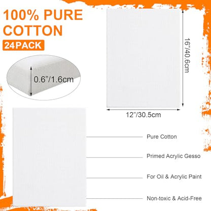 Ireer 24 Pcs Stretched Canvas Bulk, White Canvases for Painting, Cotton Blank Canvas Boards for Kids, Art Supplies Panels for Oil, Acrylic, Watercolor Paint(12 x 16 Inch)