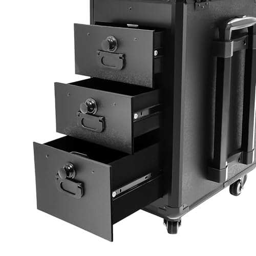 4 in 1 Rolling Makeup Train Case, 3 Drawers Portable Cosmetic Organizer, Aluminum Frame Lockable Beauty Storage Luggage with 4 Removable Wheels for Travel, Salon, Manicure & Makeup Artist