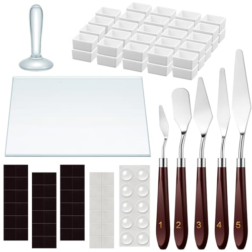 Nuanchu 109 Pcs Watercolor Paint Muller Glass Paint Muller Slab, Drawing Knives and Watercolor Half Pans with Magnetic Stripe for DIY Oil Acrylic Drawing(1.57'' in Dia,Long Handle) - size: 1.57'' in Dia, style: Long Handle