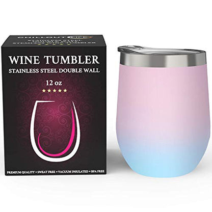 CHILLOUT LIFE 12 oz Stainless Steel Wine Tumbler with Lid - Double Wall Vacuum Insulated Wine Cup Glass Keeping Cold & Hot for Coffee, Champagne, Cocktails, Ice Cream - Powder Coated Pink/Teal - color: Cotton Candy, style: 1 Pack