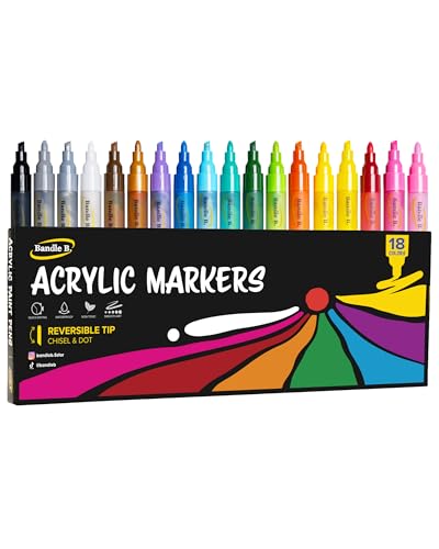Bandle B. Acrylic Paint Markers – Set of 18 Paint Pens for Art, Fabric, Coloring, and Journaling–Quick-Drying, Waterproof, Non-Toxic, Reversible Chisel-Dot Tip - style: 18 Colors Paint Markers