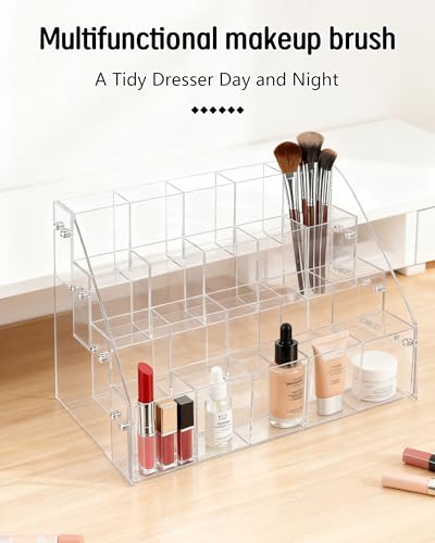 Slanted Acrylic Pencil Holder for Desk, 4 Tier Multi-Compartment Pen Storage Organizer | Clear Desktop Stationary Cup & Brush Display Case with Durable Hardware - size: 4 Layers