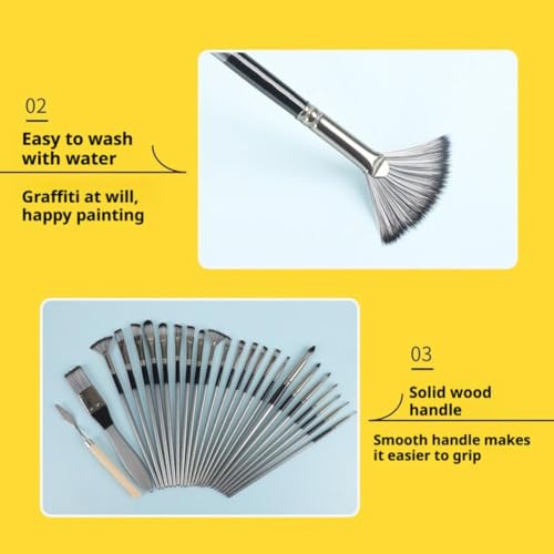 24 Pieces Professional Paint Brush Set for Acrylic Oil Watercolor Gouache Painting, Nylon Bristles, Ergonomic Handles