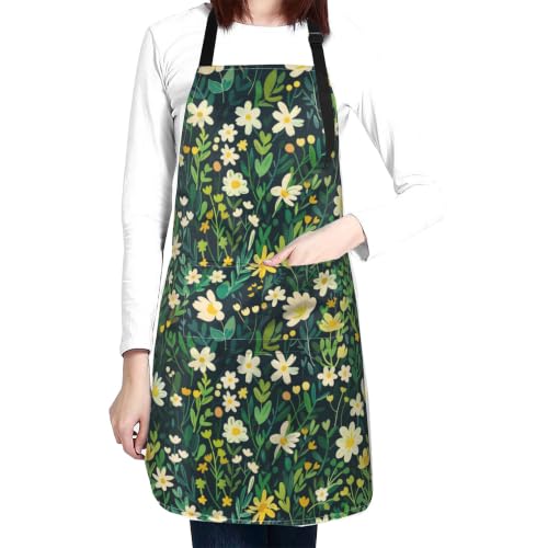 Fresh Meadow Floral Waterproof Apron with Pockets | Housework Aprons for Men Women Adjustable Bib Apron for Cooking Kitchen Baking BBQ Painting Garden Oil Resistant - color: Elegant Wildflower Art
