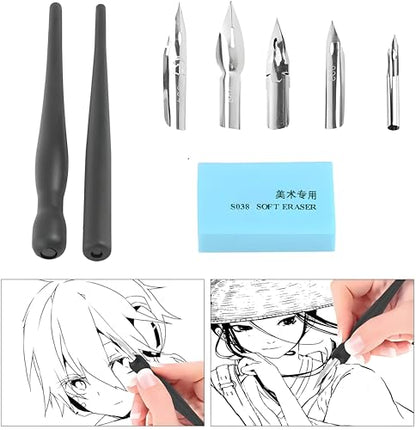 Pen Nib Set, 1 Set Manga Cartoon Comic Drawing Painting Nib Holder Dip Pen Kit Tool With 2 Pen Holders and 5 Nibs