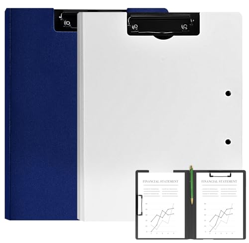 2 Pack Foldable Clipboards, A4 Office Clipboard Folder with Double Metal Clips, 360 Degree Foldable Binder Clipboard with Pen Holder, File Cover Work Folder Clipboards, White Blue - style: 2Pack- White Blue