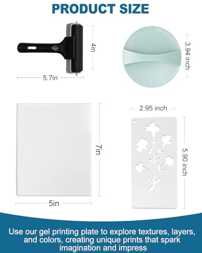 UCEC 5 x 7 Inch Gel Printing Plate Kit, Compact Gel Plate Set with Brayer Roller, Baren Tool, Plant Stencils & A5 Cardstock Paper, Printmaking for Mixed Media Art, Monoprinting, Card Making, 32 Pack - color: Clear-Gel Printing Kit 5×7 Full Set