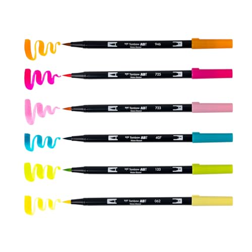 Tombow 56243 Dual Brush Pen Art Markers, Happy Hour, 6-Pack, Water-Based Ink, for Hand Lettering, Watercolor, Fine Art, Illustrations