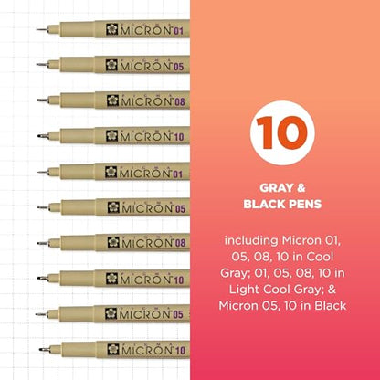 SAKURA Pigma Micron Fineliner Pens - Archival Black and Gray Ink Pens - Pens for Writing, Drawing, or Journaling - Assorted Point Sizes - 1 count Pack of 10 - size: 10 Pens