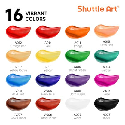 Shuttle Art Acrylic Paint Set, 16 x12ml Tubes Artist Quality Non Toxic Rich Pigments Colors Great for Kids Adults Professional Painting on Canvas Wood Clay Fabric Ceramic Crafts - color: 16 Colors