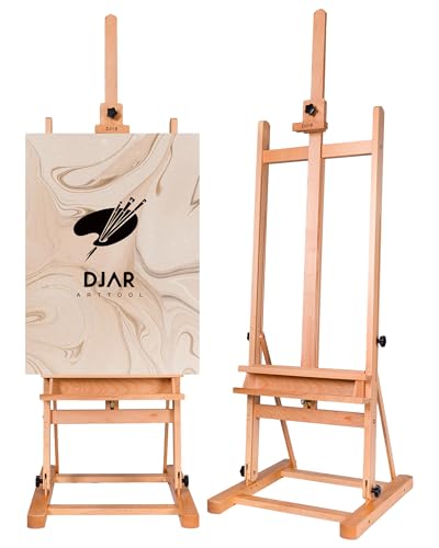 DJAR Large H-Frame Art Easel for Painting, Hold Canvas up to 49’’, Natural | Solid Beech Wood Adjustable Floor Stand with Storage Tray, Premium Art Supplies for Professional Artists, Students and Adults