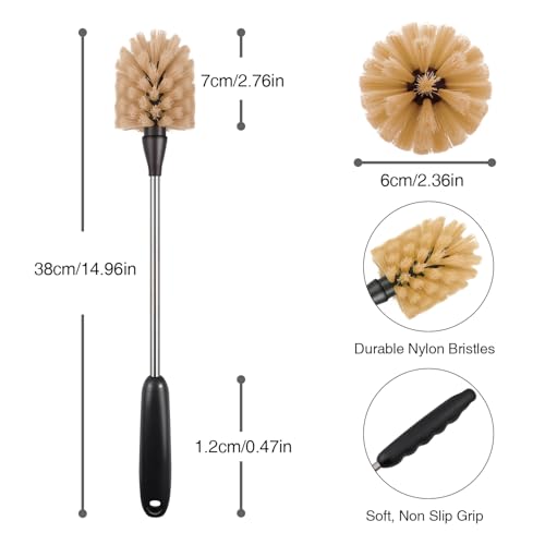 Bottle Brush,15-inch Long, Bottle Brush Cleaner, Bottle Scrubber, Kitchen Scrub Brush Suitable for Water Bottles, Cups, Glasses, Baby Bottles, Wine Glasses, (2, Brown) - color: Brown