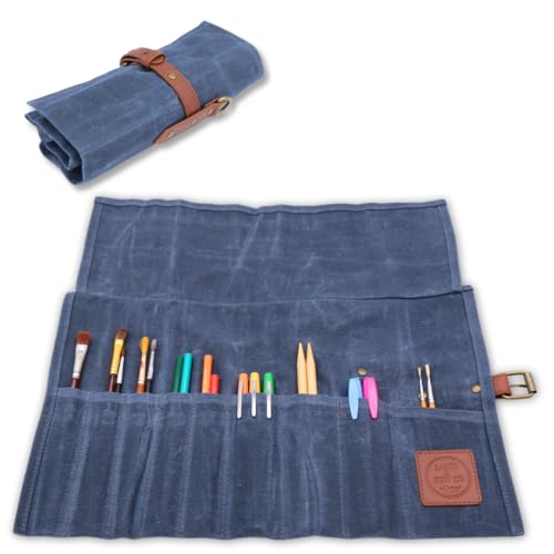 Earth & Fiber Co. Compact Waxed Canvas Paint Brush Holder - Portable Art Bag for Painting & Drawing - Art Supplies Organizer - Storage Roll Bag for Artists (blue) - color: blue