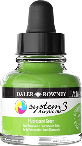 Daler-Rowney System3 Acrylic Ink Bottle Fluorescent Green 29.5ml - Versatile Acrylic Ink for Artists and Students - Opaque Calligraphy Ink for Drawing Illustrating Airbrushing Dip Pen Ink and More