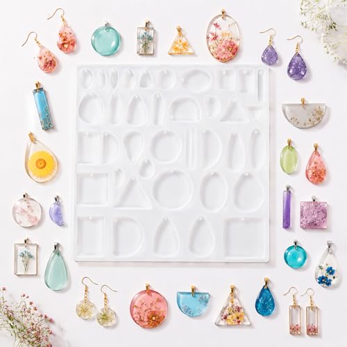 Resin Jewelry Molds Silicone Molds Casting Tray with Hole Assorted Shapes Handmade Resin Pendant Mold for DIY Gem Cabochon Earring Necklace Jewelry Keychain Bookmark Making Kit Crafting Projects