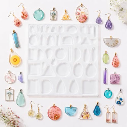 Resin Jewelry Molds Silicone Molds Casting Tray with Hole Assorted Shapes Handmade Resin Pendant Mold for DIY Gem Cabochon Earring Necklace Jewelry Keychain Bookmark Making Kit Crafting Projects