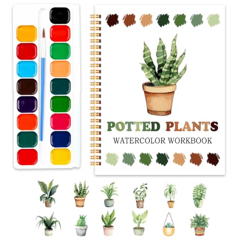 Potted Plants Favorites Watercolor Workbook, Easy Water Coloring Book for Adults Beginners, 12 Patterns, 18 Colors Watercolors Paint Set, Watercolor Kit, Gift for Women Plant Lovers Teen - color: potted plants