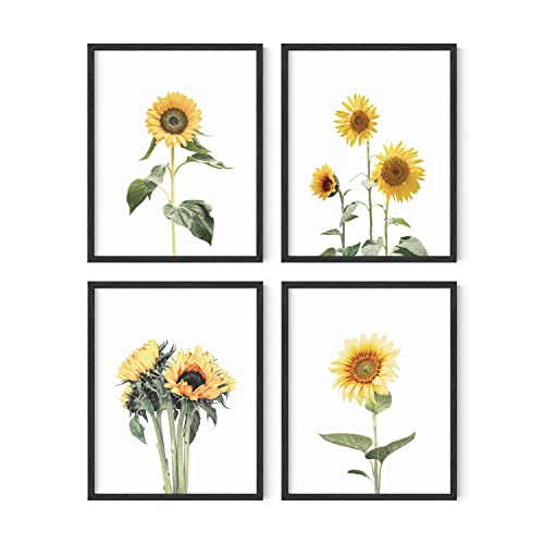 HAUS AND HUES Sunflower Posters - Set of 4, Floral Bedroom Decor, Sunflower Paintings for Wall, Yellow Kitchen Art (11x14, Black Frame) - color: Sunflower, size: 11x14, style: Black Framed