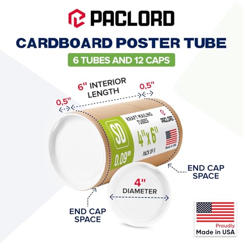 4" x 6" Reinforced Kraft Paper Mailing Tube, Pack of 6 Tubes with 12 Caps – Secure USPS Approved Poster Tube – Made in USA Cardboard Tube for Shipping and Storing Posters, Prints, Artwork - size: 4" x 6", style: Standard Duty