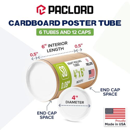 4" x 6" Reinforced Kraft Paper Mailing Tube, Pack of 6 Tubes with 12 Caps – Secure USPS Approved Poster Tube – Made in USA Cardboard Tube for Shipping and Storing Posters, Prints, Artwork - size: 4" x 6", style: Standard Duty