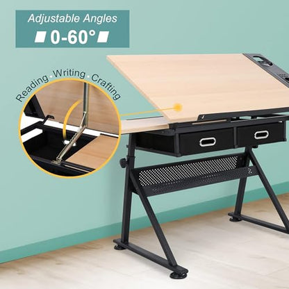 ZENY Drafting Table Art Desk Drawing Table Height Adjustable Artist Table with Tilted Tabletop, Drafting Stool and Storage Drawer for Reading, Writing, Crafting, Painting Art - color: Brown