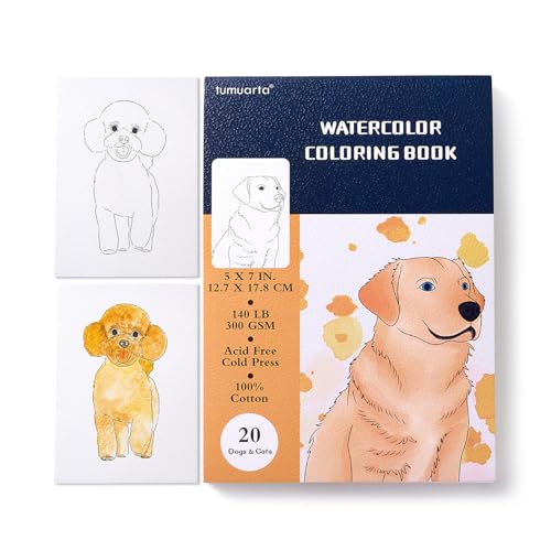 tumuarta Watercolor Coloring Book, 20 Unique Designs, 5x7”, 100% Cotton, 300GSM, 140 LB, Cold Press, Acid Free Watercolor Paper, Glue Bound Mixed Media Sketch Book (Dogs & Cats)