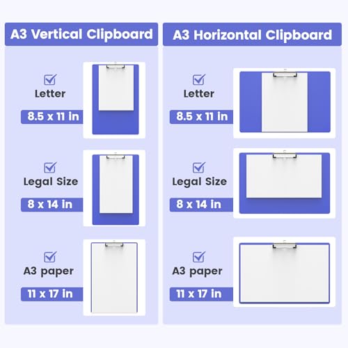 Extra Large 11x17 Clipboards, Landscape and Vertical Layout 2 Pack | Blues Plastic Drawing Boards with Low Profile Clip. Suitable for Watercolor, Sketching, Painting. Art & Drafting Supply - color: Blues