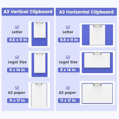 Extra Large 11x17 Clipboards, Landscape and Vertical Layout 2 Pack | Blues Plastic Drawing Boards with Low Profile Clip. Suitable for Watercolor, Sketching, Painting. Art & Drafting Supply - color: Blues