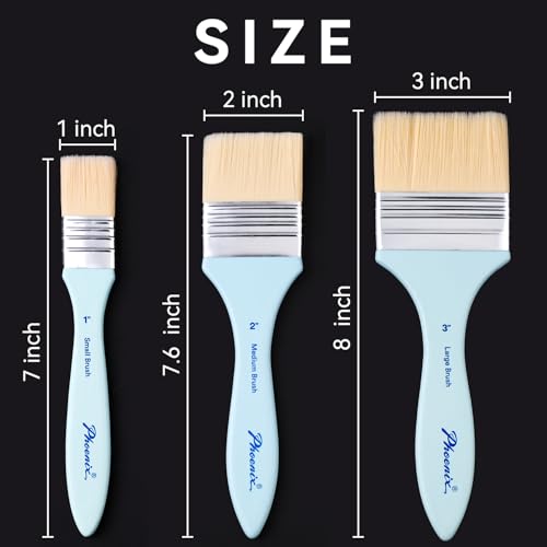 PHOENIX Flat Paint Brush Set - 3 Sizes Nylon Large Paint Brushes for Acrylic Painting, Gouache, Wood Furniture, Gesso, Varnishes & Wall
