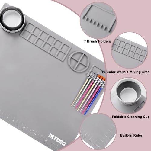 DIYDEC Silicone Craft Mat for Kids 20X16 Inch Large Silicone Art mat with Detachable Cup Painting Mat with 10 Painting Brushes Silicone Mat for Boy Girl DIY Gift Accessories (Grey) - color: Grey