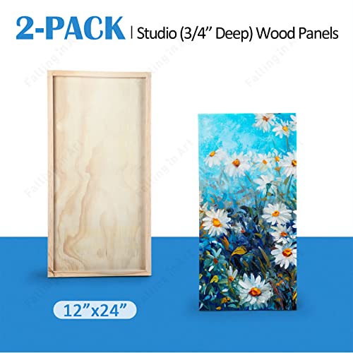 Falling in Art Unfinished Birch Wood Panels Kit for Painting, Wooden Canvas 2 Pack of 12x24’’ Studio 3/4’’ Deep, Cradle Boards for Pouring, Art, Crafts, Burning and More - size: 12'' x 24''