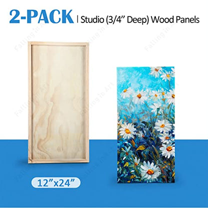 Falling in Art Unfinished Birch Wood Panels Kit for Painting, Wooden Canvas 2 Pack of 12x24’’ Studio 3/4’’ Deep, Cradle Boards for Pouring, Art, Crafts, Burning and More - size: 12'' x 24''