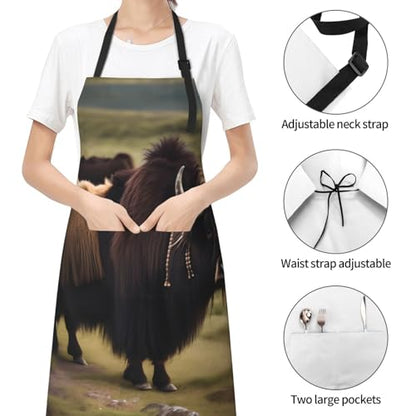 Cartoon heart sun Heavy Duty Waterproof Apron with Pockets for AdultsResistant Grilling, Gardening, Painting - color: Mighty Highland Yak