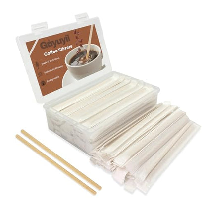 Guyuyii 200 Pcs 5.5" Coffee Stirrers Individually Wrapped with Storage Box | Wooden Stir Sticks for Offices, Coffee Bars, Cafes | Paper Wrapping, Compatible with Hot Drinks, Cold Drinks, Cocktails - size: 5.5 Inch (200 Count）
