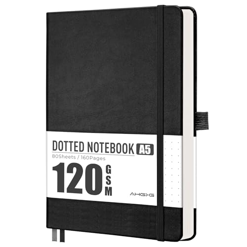 AHGXG Dotted Journal Notebook, 160 Numbered Pages, A5 Medium Size (5.7'' x 8.3''), 120 GSM Thick Paper, Leather Hardcover, for Journaling, Planning, Tracking (Black) - color: Black, style: Dotted