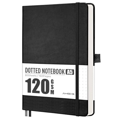 AHGXG Dotted Journal Notebook, 160 Numbered Pages, A5 Medium Size (5.7'' x 8.3''), 120 GSM Thick Paper, Leather Hardcover, for Journaling, Planning, Tracking (Black) - color: Black, style: Dotted