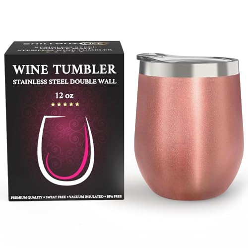 CHILLOUT LIFE 12 oz Stainless Steel Wine Tumbler with Lid - Double Wall Vacuum Insulated Wine Cup Glass Keeping Cold & Hot for Coffee, Champagne, Cocktails, Ice Cream - Rose Gold - color: Rose Gold, style: 1 Pack