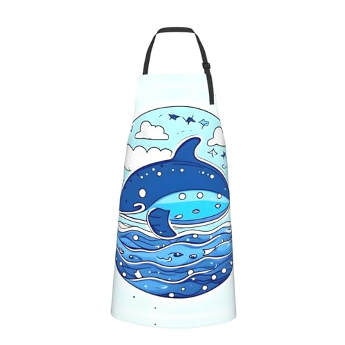 Round watercolor painting Heavy Duty Waterproof Apron with Pockets for AdultsResistant Grilling, Gardening, Painting - color: Small Whale Swimming