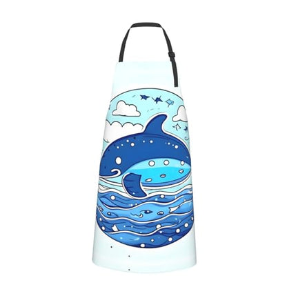 Round watercolor painting Heavy Duty Waterproof Apron with Pockets for AdultsResistant Grilling, Gardening, Painting - color: Small Whale Swimming