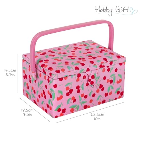 Hobby Gift Medium Sewing Box Organiser, Fabric Covered Storage Box with Handle, Internal Tray, Pin Cushion and Pocket for Sewing, Quilting and Knitting Supplies - color: Cherries