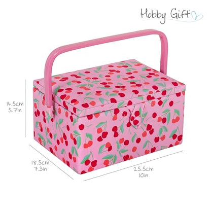 Hobby Gift Medium Sewing Box Organiser, Fabric Covered Storage Box with Handle, Internal Tray, Pin Cushion and Pocket for Sewing, Quilting and Knitting Supplies - color: Cherries