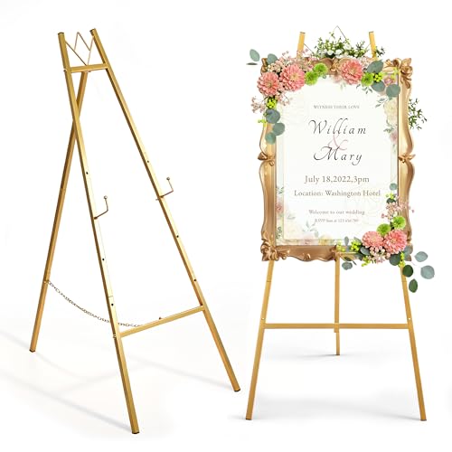 57.5" Gold Easel Stand for Sign, Wedding Sign Stand for Display, Assembly Required, 4 Adjustable Height Levels Heavy Duty Metal Display Stand Floor Standing Easels for Art, Paintings, Pictures