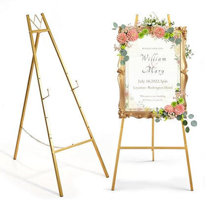 57.5" Gold Easel Stand for Sign, Wedding Sign Stand for Display, Assembly Required, 4 Adjustable Height Levels Heavy Duty Metal Display Stand Floor Standing Easels for Art, Paintings, Pictures