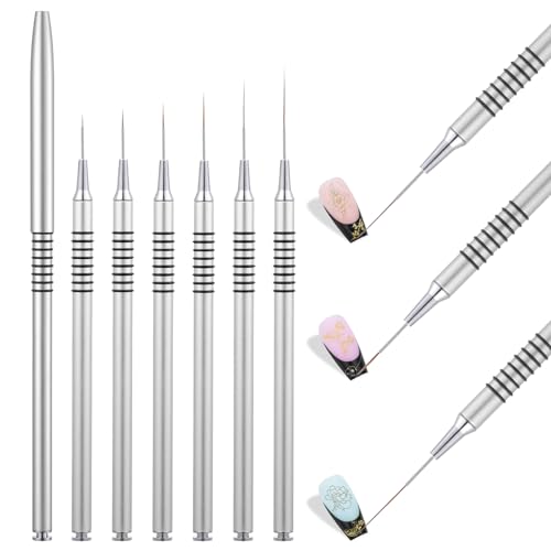 6Pcs Nail Art Liner Brushes Set, Fine Drawing Painting Details Design Striping Brush With Gel Polish Acrylic Handle Gifts Manicure Tools DIY Sizes 5/7/9/11/15/25mm, Silver - color: Sliver