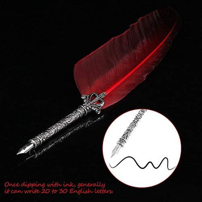 Quill Pen Set Set Antique Calligraphy Writing Antique Executive Gift Quill Pen for School+5 Replacement Nibs+Ink Bottle+ Pen Nib Base(Red)