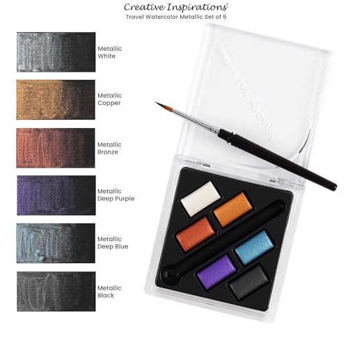 Creative Inspirations Professional Watercolor Paint Set 2 Pack - Compact Metallic and Graphite Half Pan Travel Sets of 6 with Mini Brush - color: Graphite and Metallic, size: 6 Count (Pack of 2)