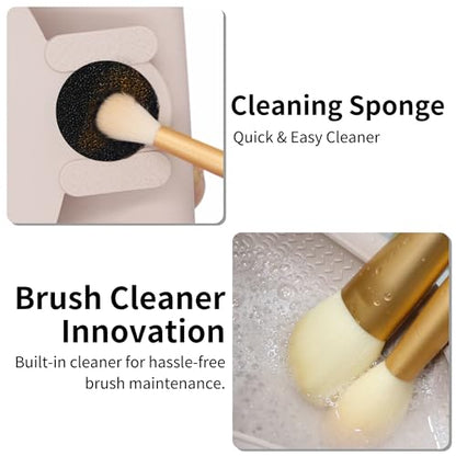 Travel Makeup Brush Holder with Cleaning Pad -Silicone Brush Organizer Case, Magnetic Closure Waterproof Cosmetic Bag for Easy Storage & On-the-Go Cleaning (9.05 Inch) - color: Khaki