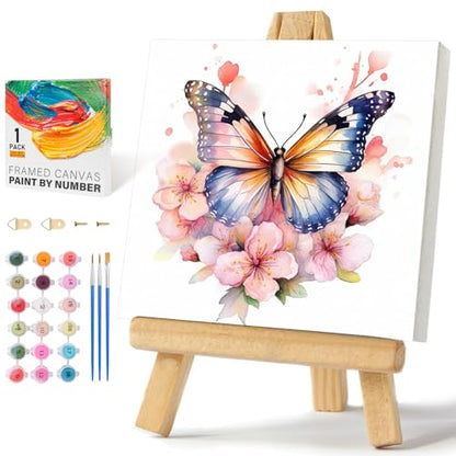 Framed Paint by Numbers Kit for Adults Beginners & Kids Ages 8-12, Butterfly Flowers Acrylic Easy Paint by Number with Frame, Paint by Number Kits on Canvas Framed (10 * 10 Inch, without Easel) - color: BOP1PF05, size: 10 x 10 Inch